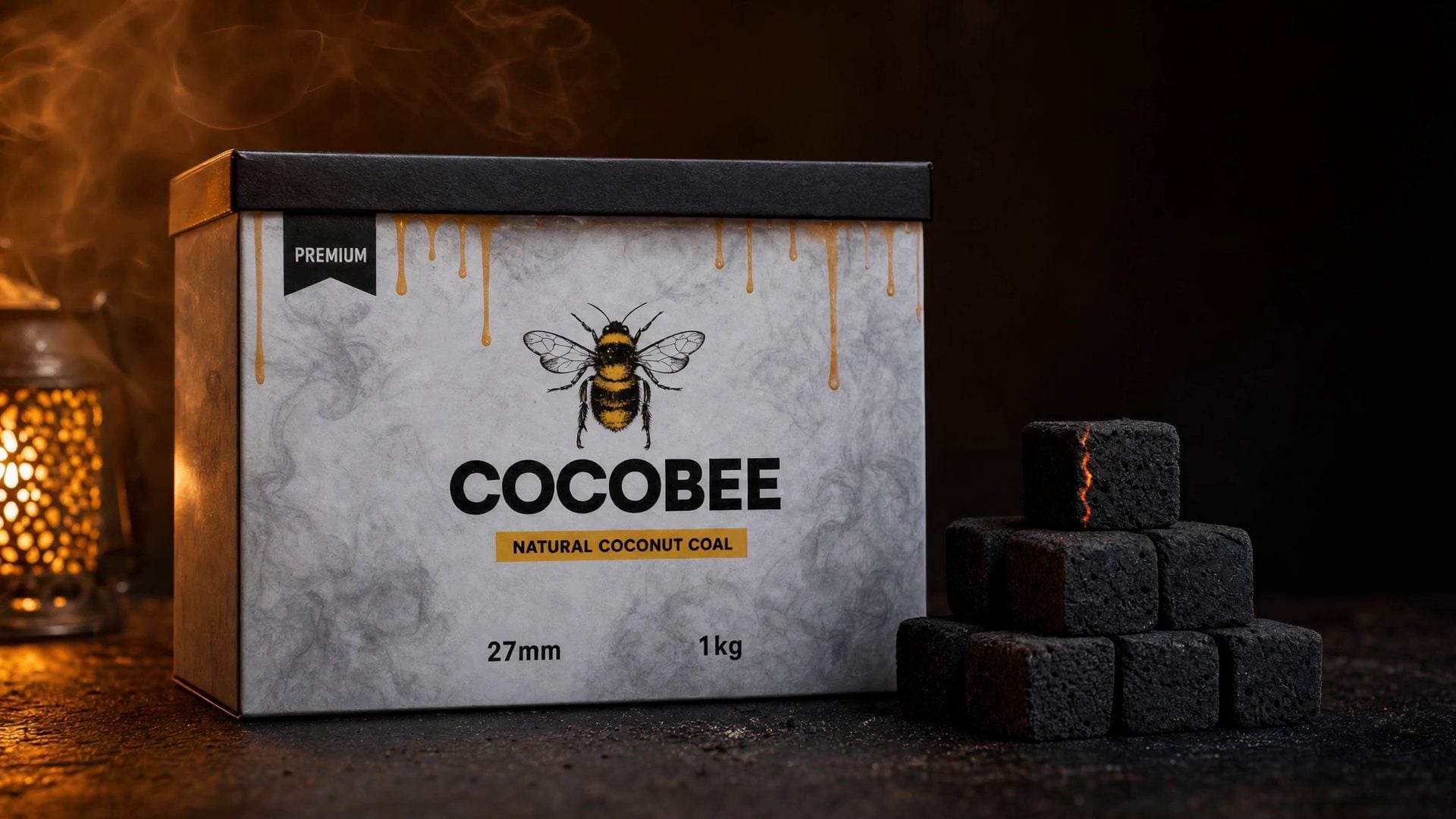 Cocobee 27 mm mit 1-kg-Verpackung und Kohlewürfeln – Motiv aus dem bereitgestellten Video